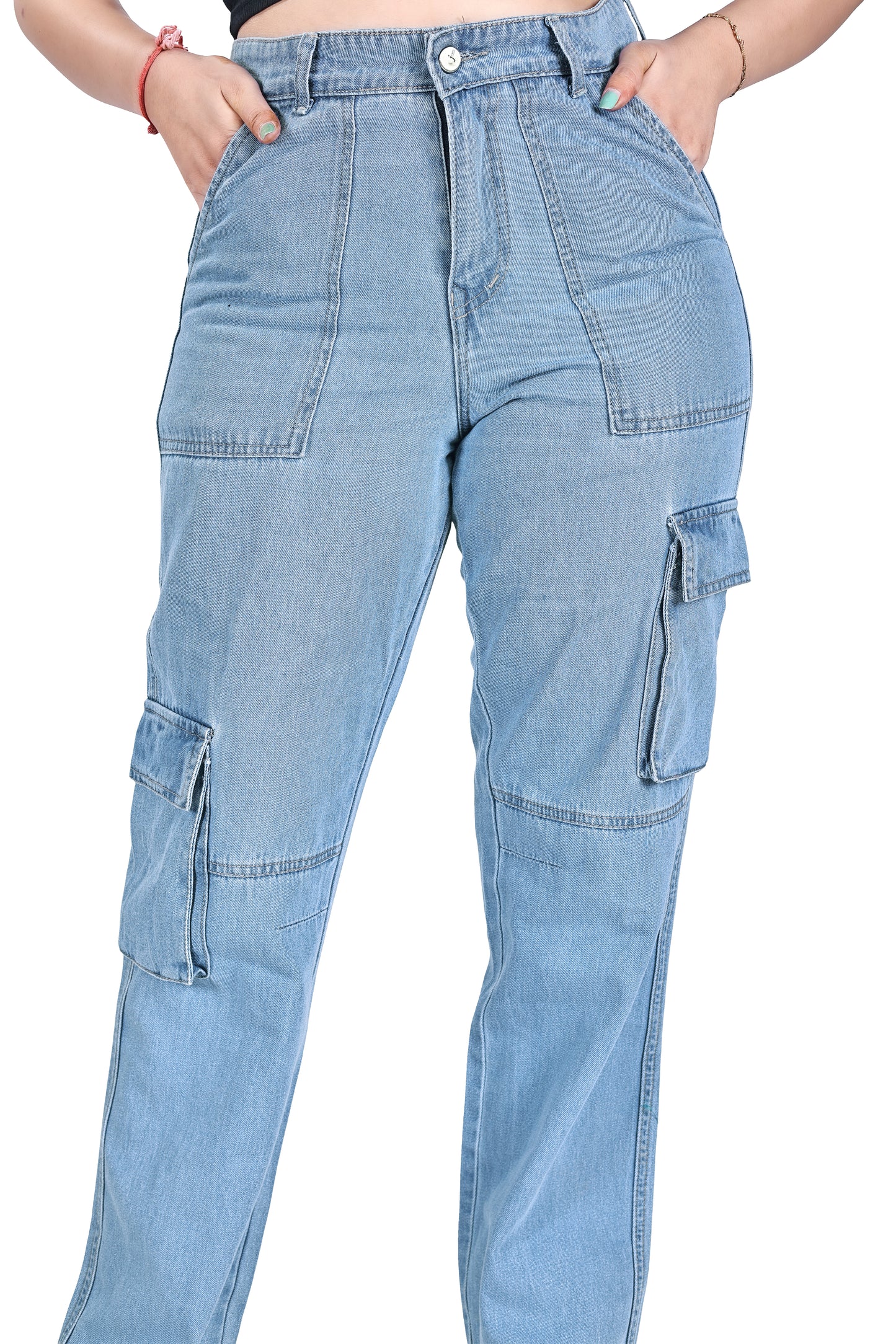 Aurose Women’s Blue Cargo Jeans with Side Pockets – Comfortable Daily Wear