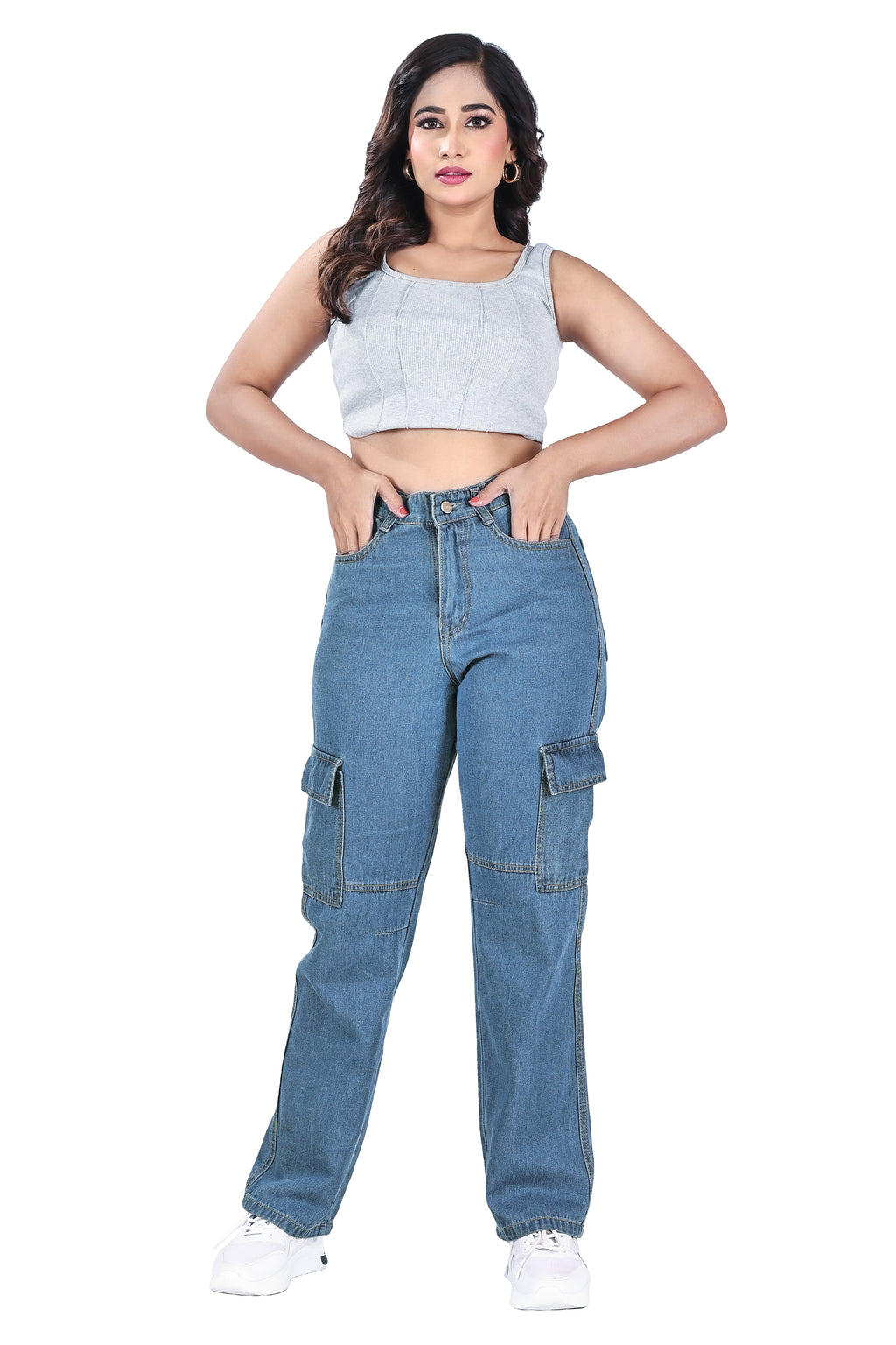 Aurose Women’s Blue Cargo Jeans with Side Pockets – Comfortable & Casual Wear