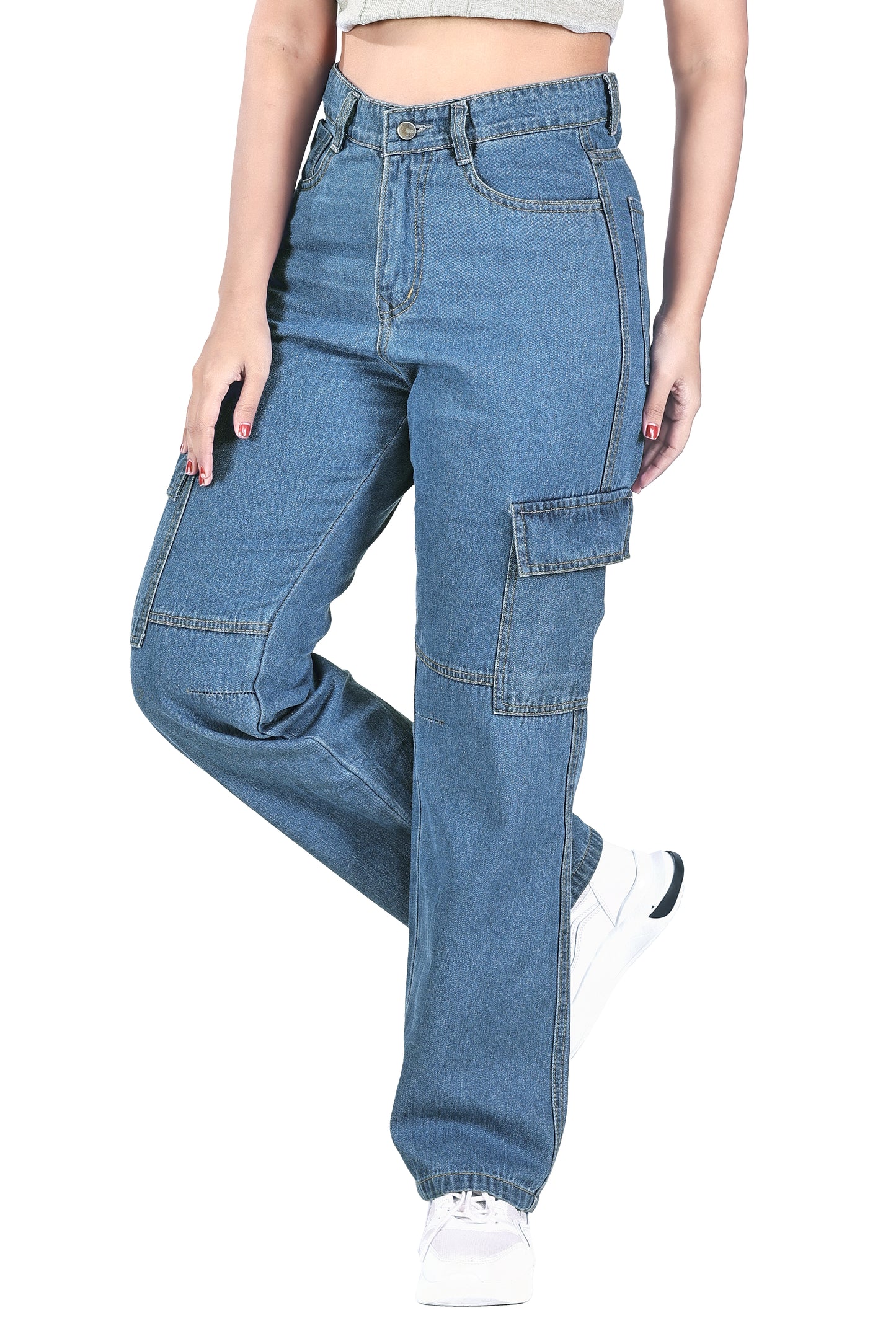 Aurose Women’s Blue Cargo Jeans with Side Pockets – Comfortable & Casual Wear