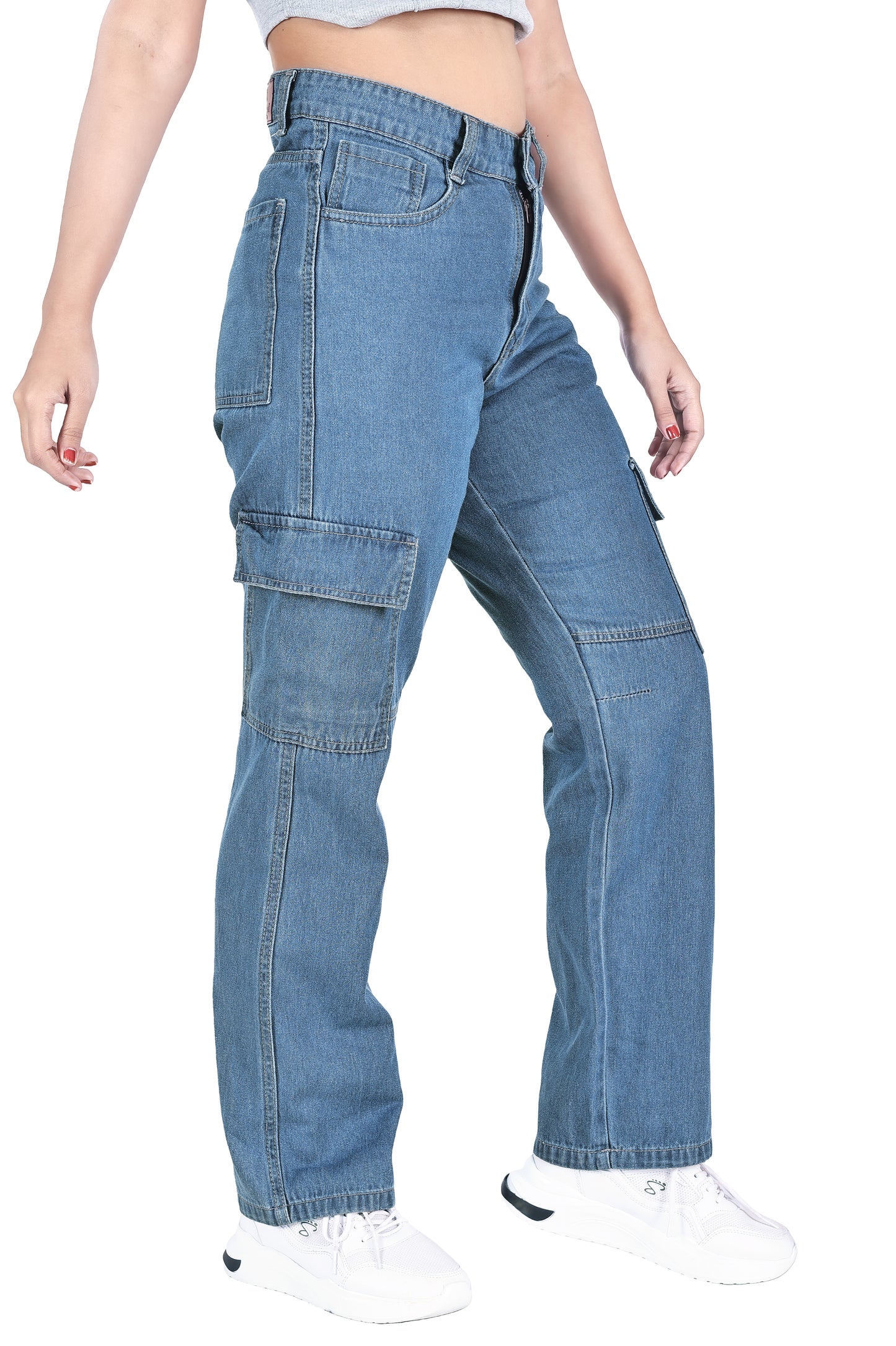 Aurose Women’s Blue Cargo Jeans with Side Pockets – Comfortable & Casual Wear