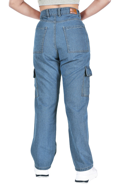 Aurose Women’s Blue Cargo Jeans with Side Pockets – Comfortable & Casual Wear
