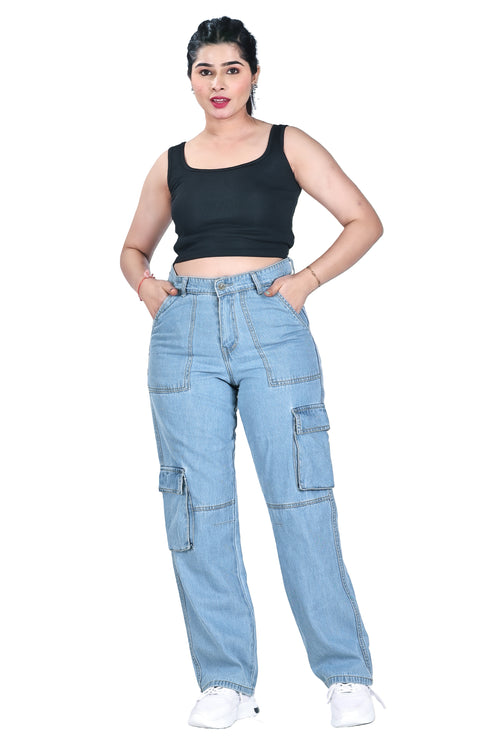Aurose Jeans Women’s Blue High Waist Beggie Cargo Jeans | 100% Cotton Non-Lycra Loose Fit Denim with Utility Pockets