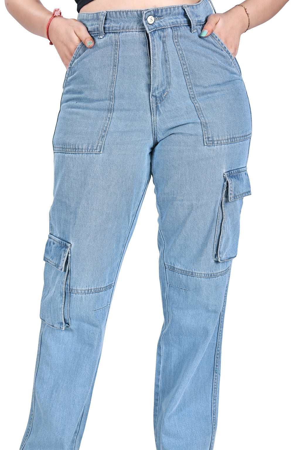 Aurose Women’s Blue Cargo Jeans with Side Pockets – Comfortable Daily Wear