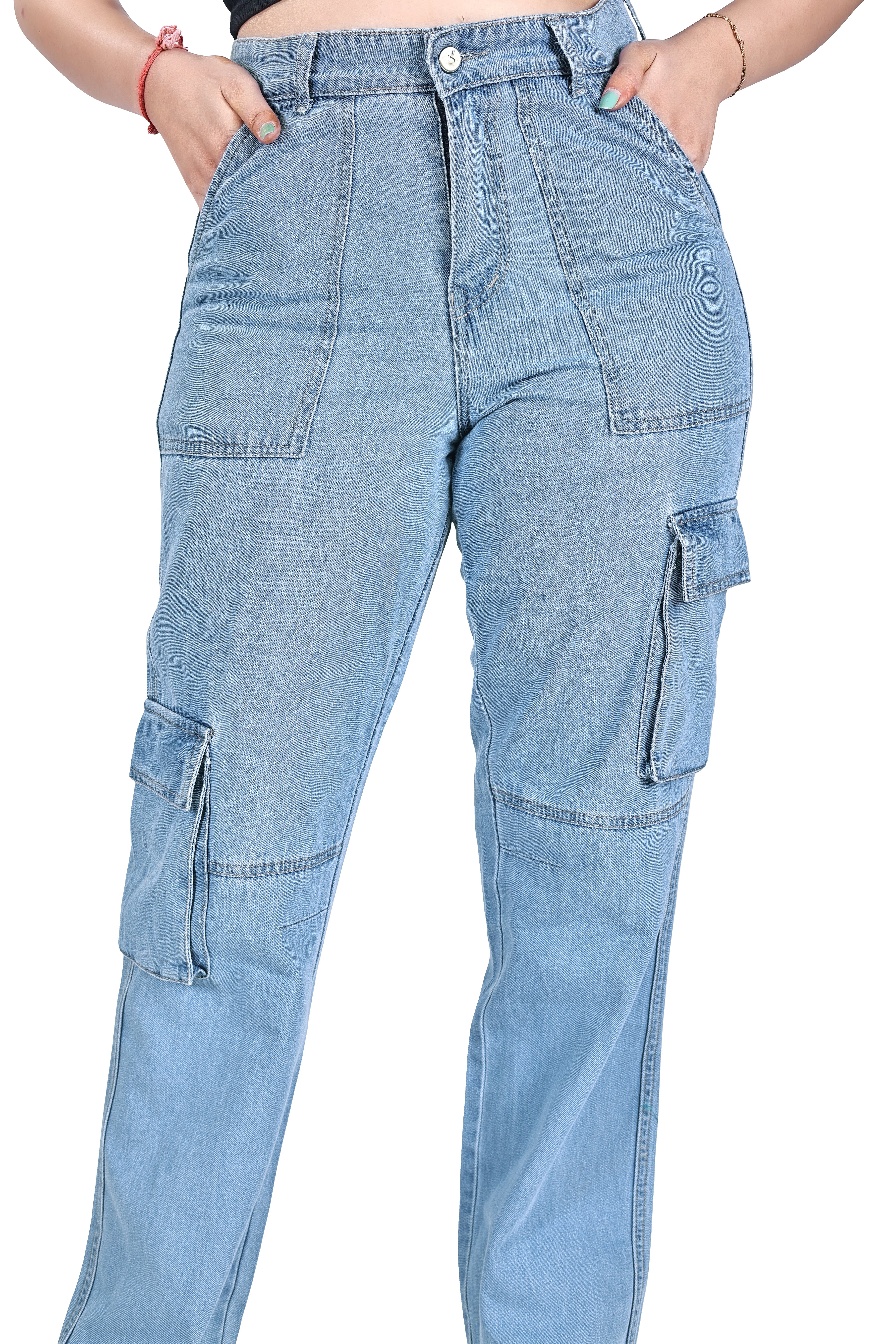 Aurose Women’s Blue Cargo Jeans with Side Pockets – Comfortable Daily Wear