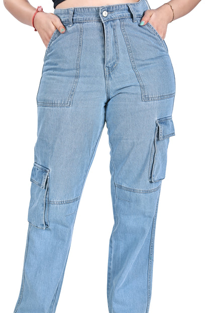 Aurose Women’s Blue Cargo Jeans with Side Pockets – Comfortable Daily Wear