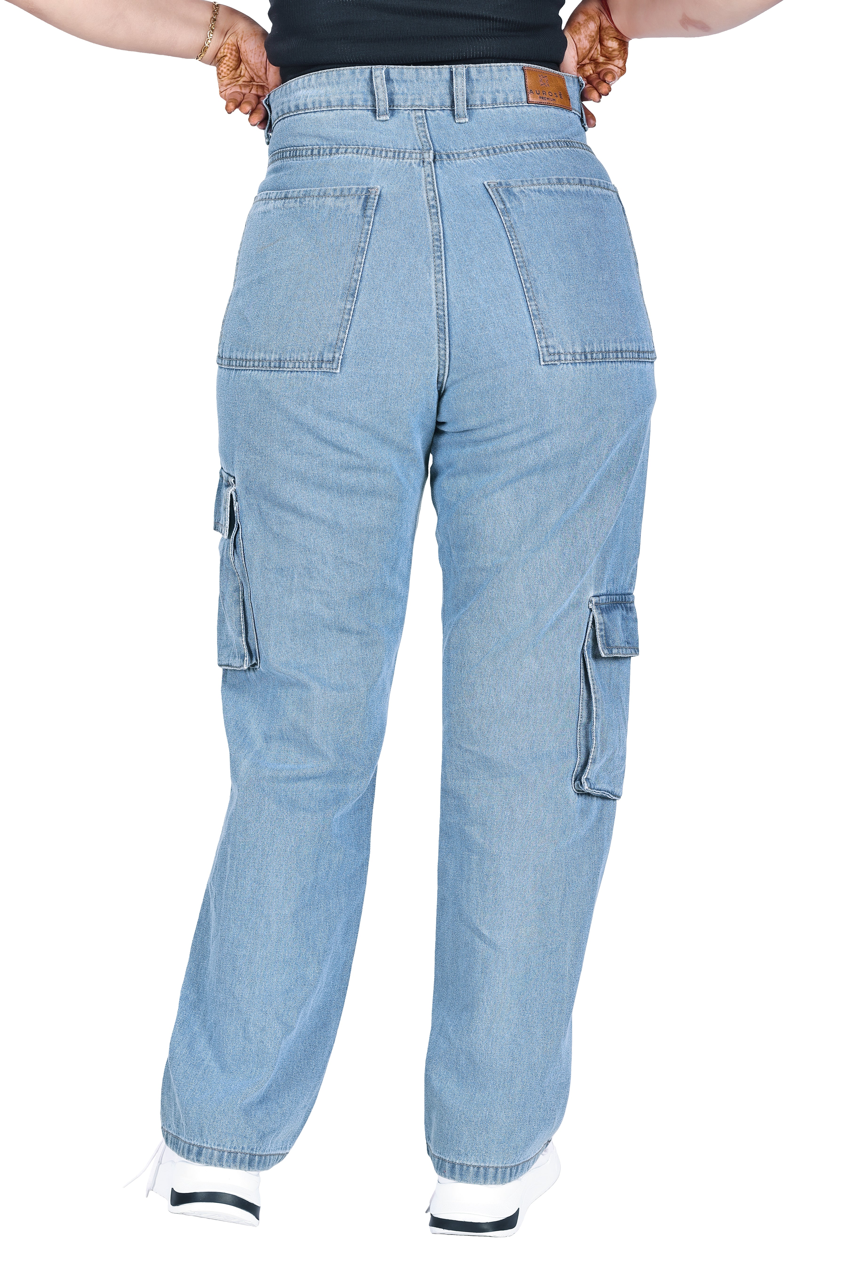 Aurose Women’s Blue Cargo Jeans with Side Pockets – Comfortable Daily Wear
