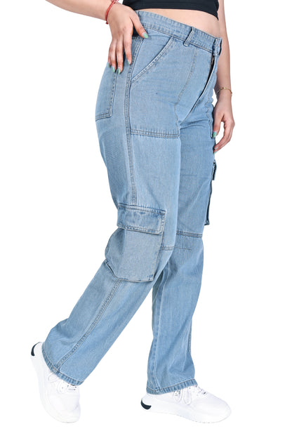 Aurose Women’s Blue Cargo Jeans with Side Pockets – Comfortable Daily Wear