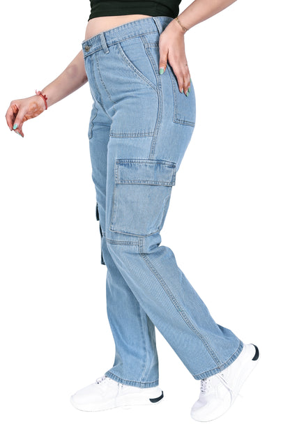 Aurose Women’s Blue Cargo Jeans with Side Pockets – Comfortable Daily Wear