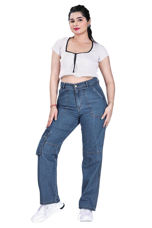 Aurose Jeans Women’s Blue High Waist Beggie Cargo Jeans | 100% Cotton Non-Lycra Loose Fit Denim with Utility Pockets