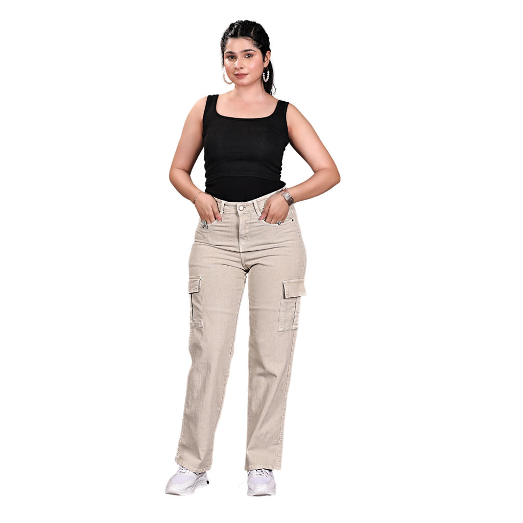 Women’s High Waist Denim Cargo Pant with Side Pockets | Straight Fit Casual Wear