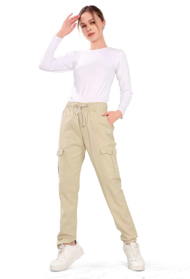 Aurose women’s high waist cotton cargo jeans with drawstring and side pockets, casual straight leg pants for daily wear