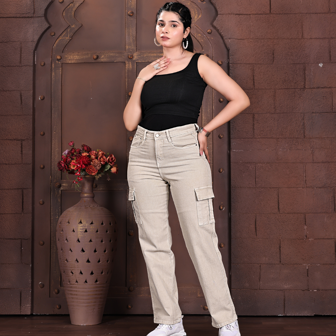 Women’s High Waist Denim Cargo Pant with Side Pockets | Straight Fit Casual Wear