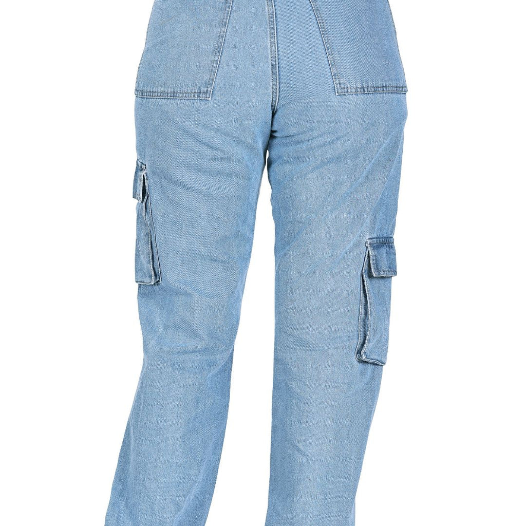 Aurose Jeans Women’s Blue High Waist Beggie Cargo Jeans | 100% Cotton Non-Lycra Loose Fit Denim with Utility Pockets