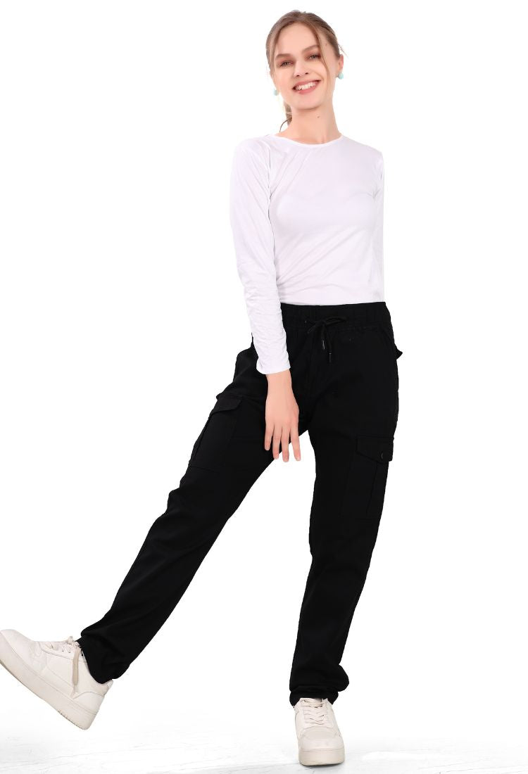 Aurose women’s high waist cotton cargo jeans with drawstring and side pockets, casual straight leg pants for daily wear