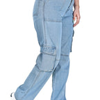 Aurose Jeans Women’s Blue High Waist Beggie Cargo Jeans | 100% Cotton Non-Lycra Loose Fit Denim with Utility Pockets