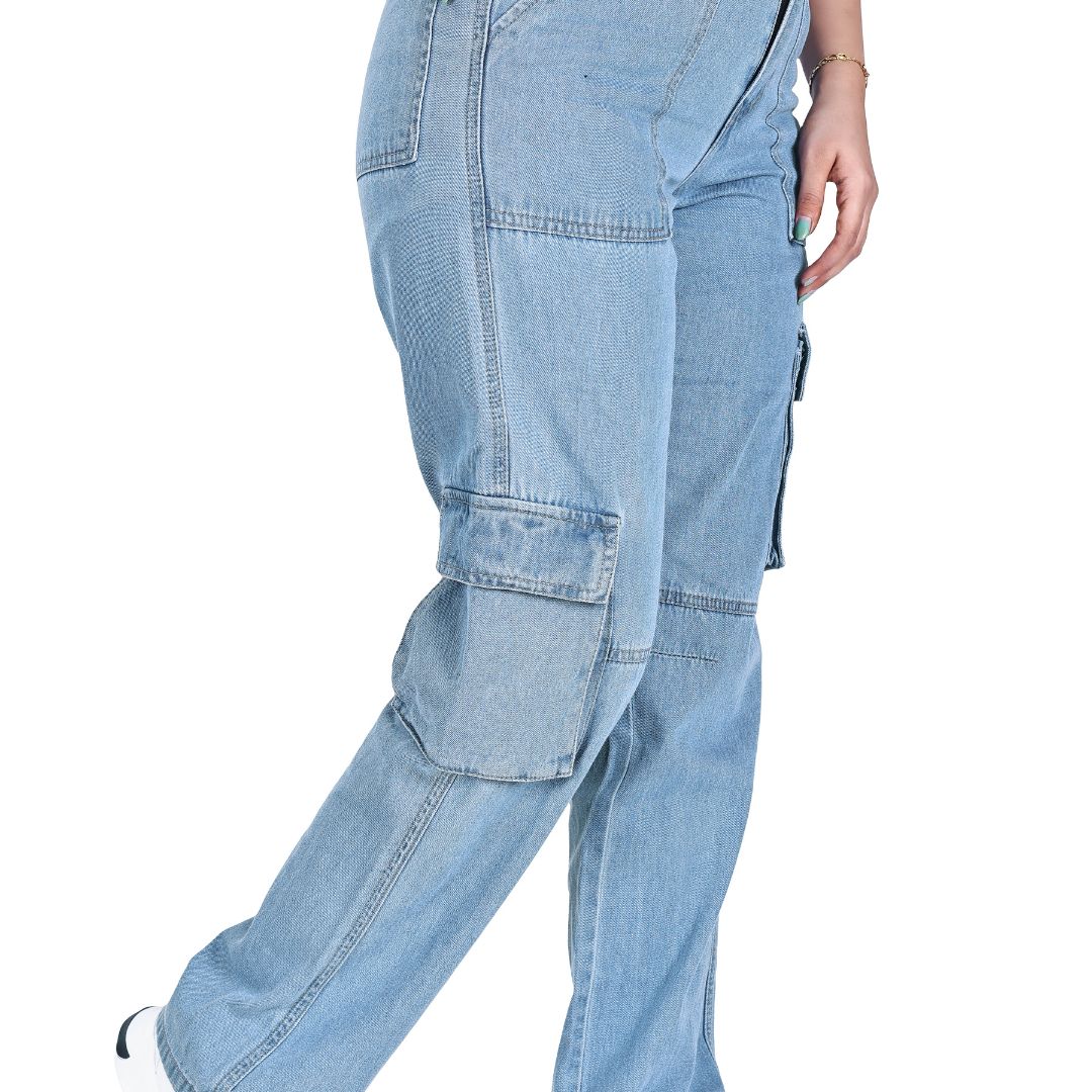 Aurose Jeans Women’s Blue High Waist Beggie Cargo Jeans | 100% Cotton Non-Lycra Loose Fit Denim with Utility Pockets