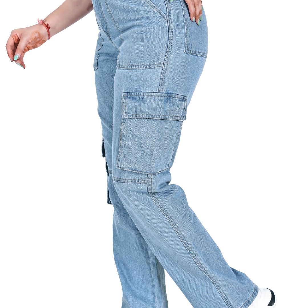 Aurose Jeans Women’s Blue High Waist Beggie Cargo Jeans | 100% Cotton Non-Lycra Loose Fit Denim with Utility Pockets
