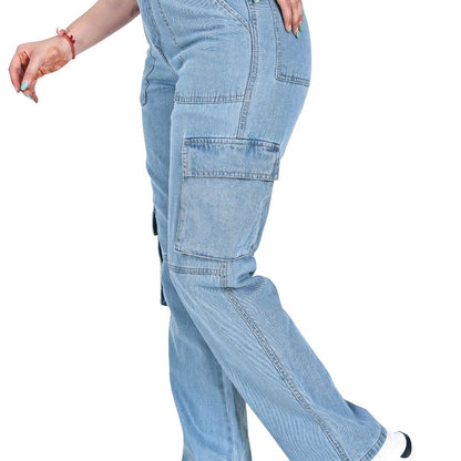 Aurose Jeans Women’s Blue High Waist Beggie Cargo Jeans | 100% Cotton Non-Lycra Loose Fit Denim with Utility Pockets