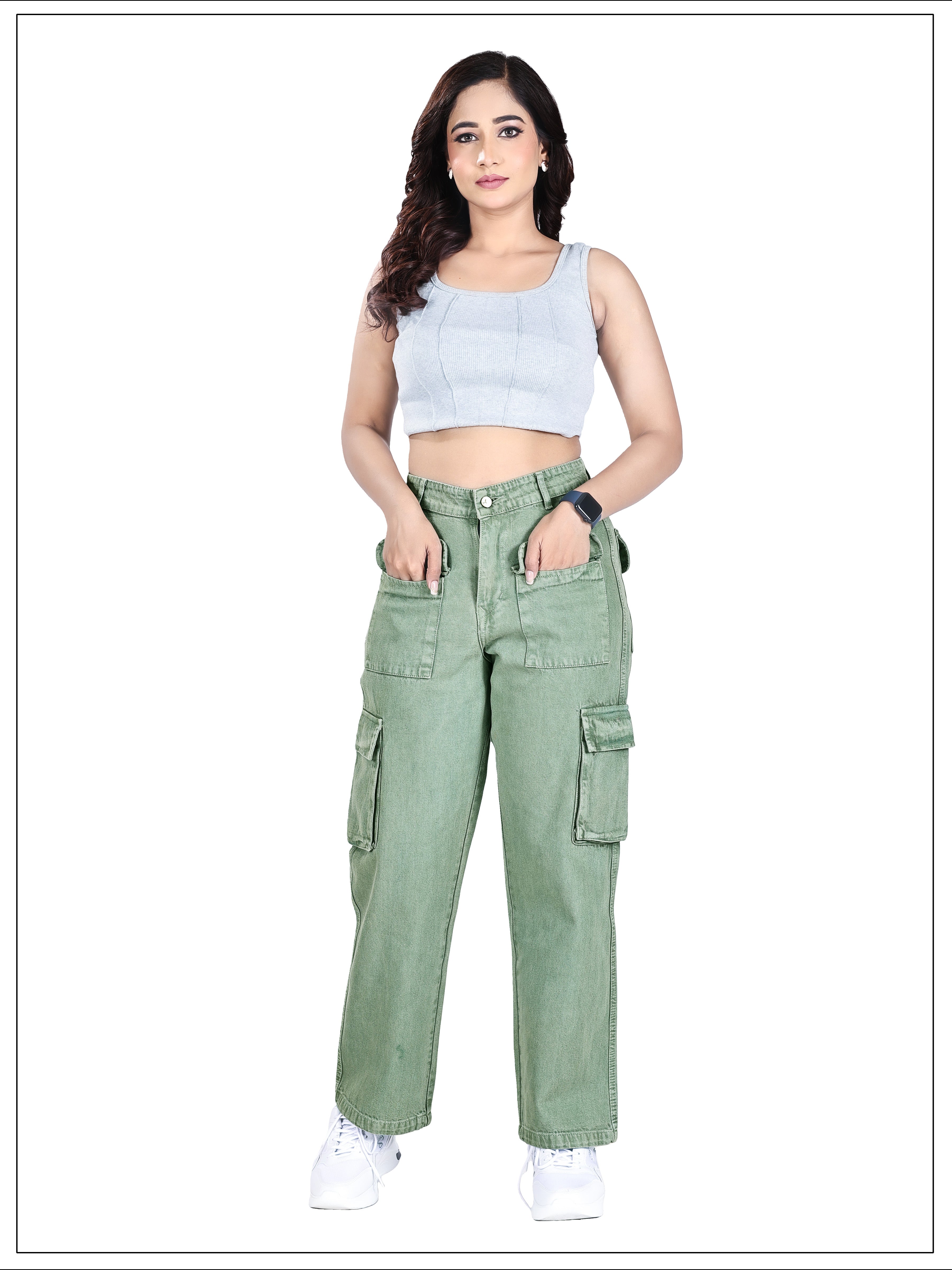 Aurose Jeans Women’s Green High Waist Beggie Cargo Jeans | 100% Cotton Non-Lycra Loose Fit Denim with Multiple Utility Pockets
