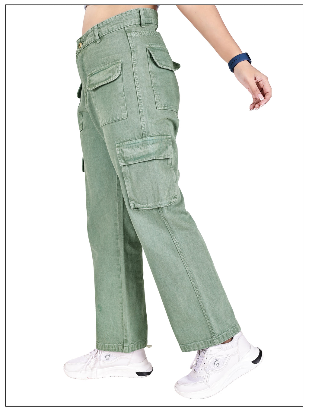 Aurose Jeans Women’s Green High Waist Beggie Cargo Jeans | 100% Cotton Non-Lycra Loose Fit Denim with Multiple Utility Pockets