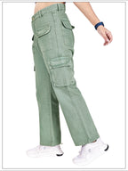 Aurose Jeans Women’s Green High Waist Beggie Cargo Jeans | 100% Cotton Non-Lycra Loose Fit Denim with Multiple Utility Pockets