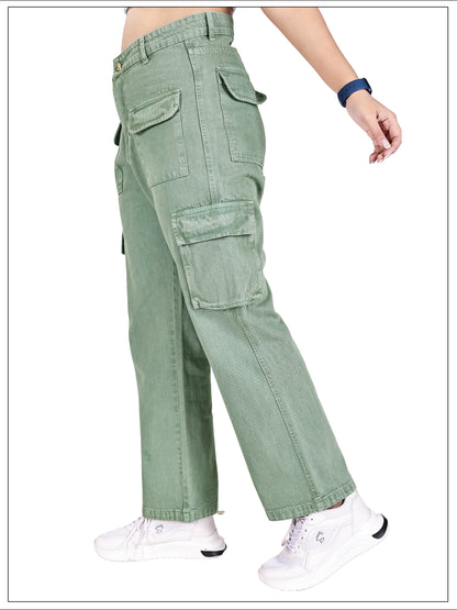 Aurose Jeans Women’s Green High Waist Beggie Cargo Jeans | 100% Cotton Non-Lycra Loose Fit Denim with Multiple Utility Pockets