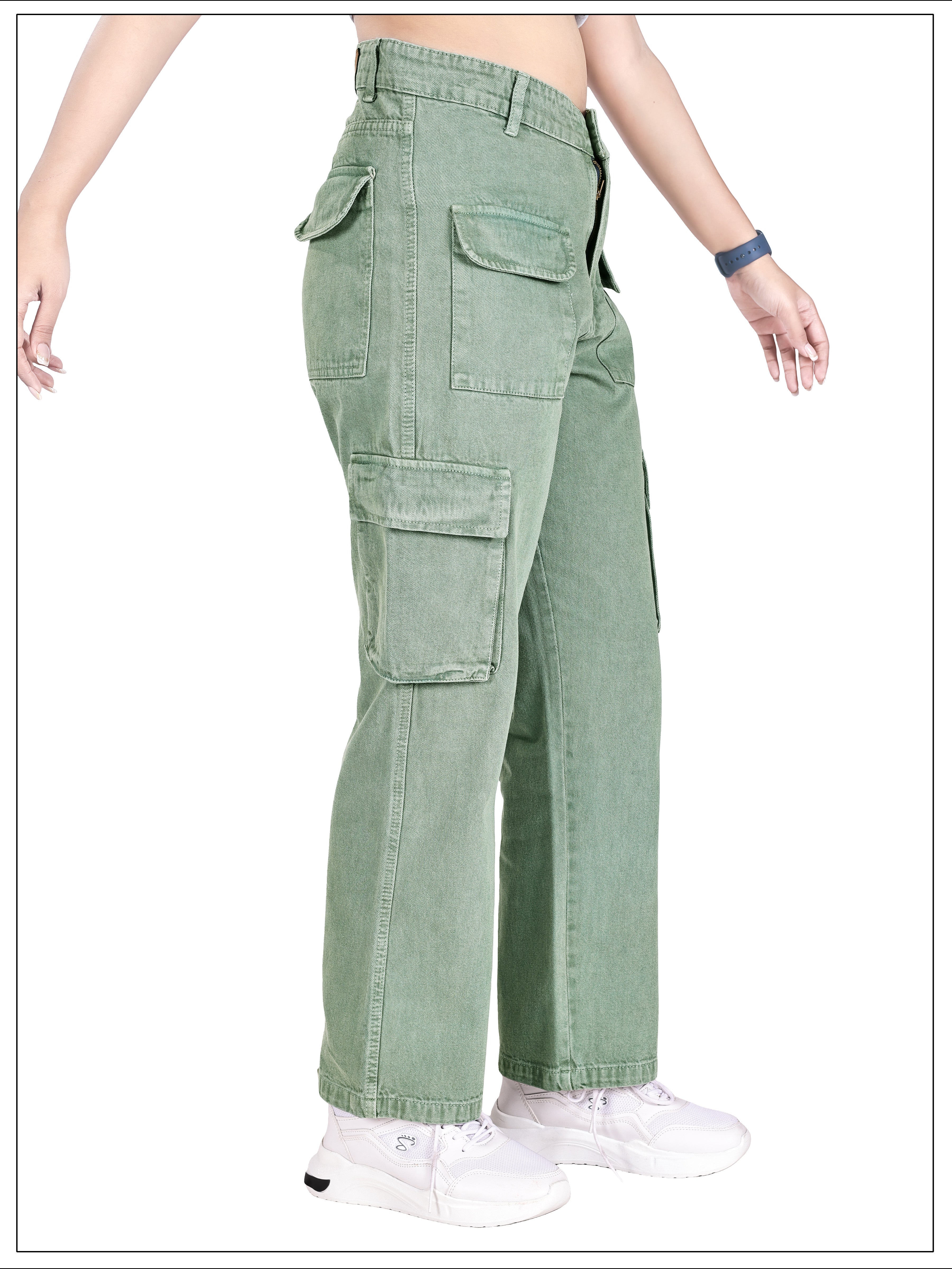 Aurose Jeans Women’s Green High Waist Beggie Cargo Jeans | 100% Cotton Non-Lycra Loose Fit Denim with Multiple Utility Pockets