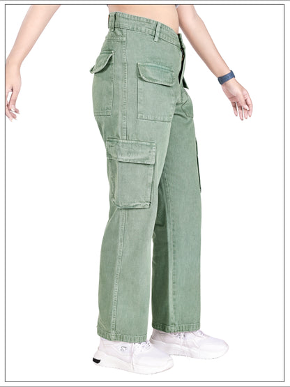 Aurose Jeans Women’s Green High Waist Beggie Cargo Jeans | 100% Cotton Non-Lycra Loose Fit Denim with Multiple Utility Pockets