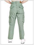 Aurose Jeans Women’s Green High Waist Beggie Cargo Jeans | 100% Cotton Non-Lycra Loose Fit Denim with Multiple Utility Pockets