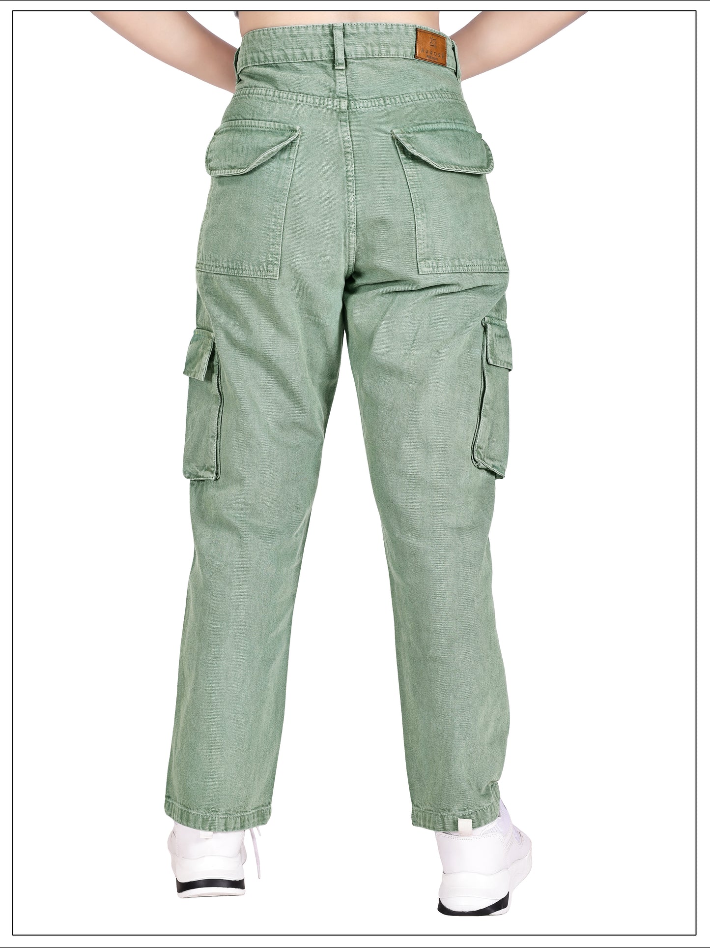 Aurose Jeans Women’s Green High Waist Beggie Cargo Jeans | 100% Cotton Non-Lycra Loose Fit Denim with Multiple Utility Pockets
