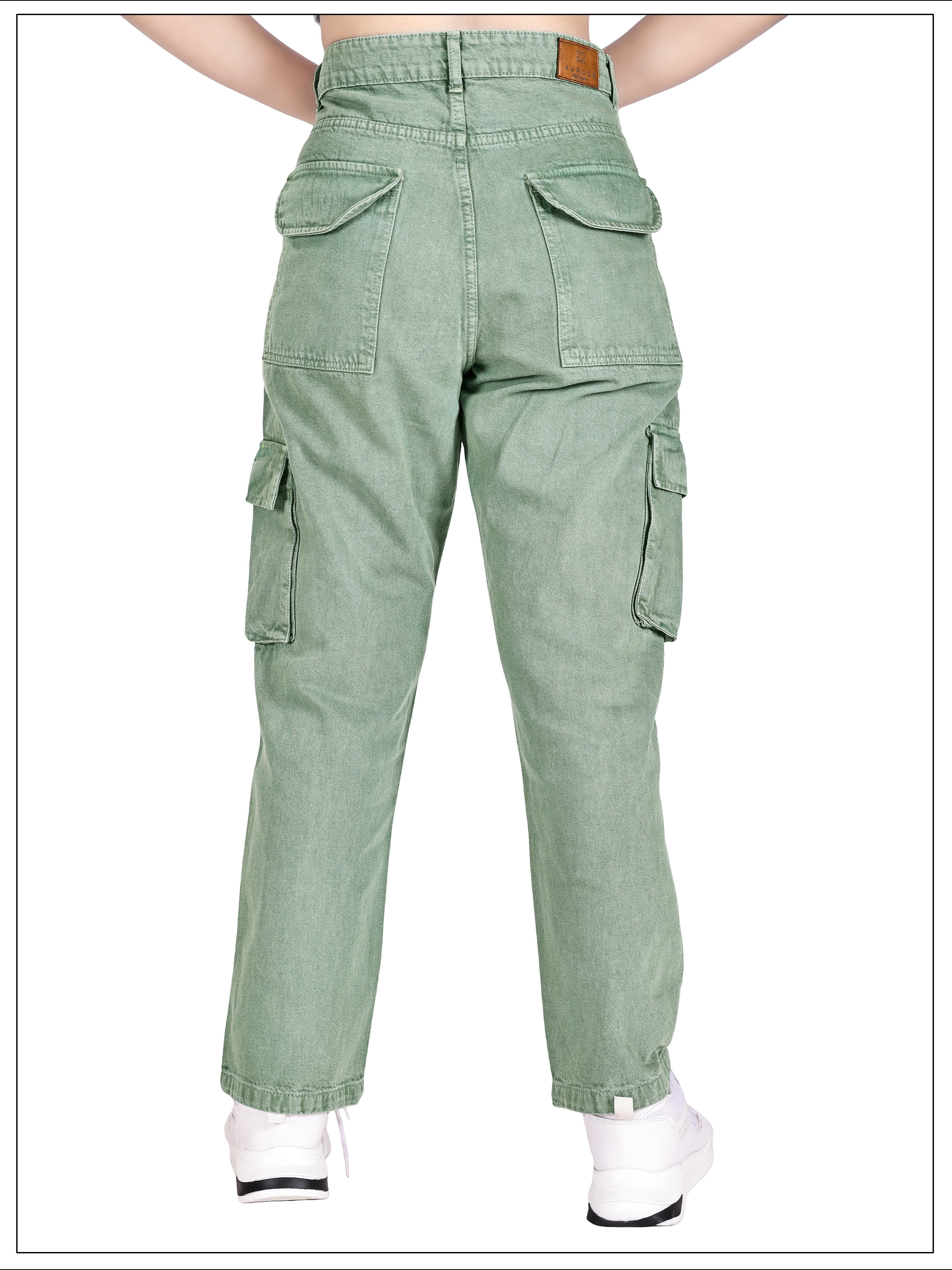 Aurose Jeans Women’s Green High Waist Beggie Cargo Jeans | 100% Cotton Non-Lycra Loose Fit Denim with Multiple Utility Pockets