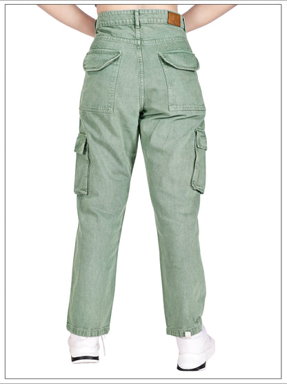 Aurose Jeans Women’s Green High Waist Beggie Cargo Jeans | 100% Cotton Non-Lycra Loose Fit Denim with Multiple Utility Pockets