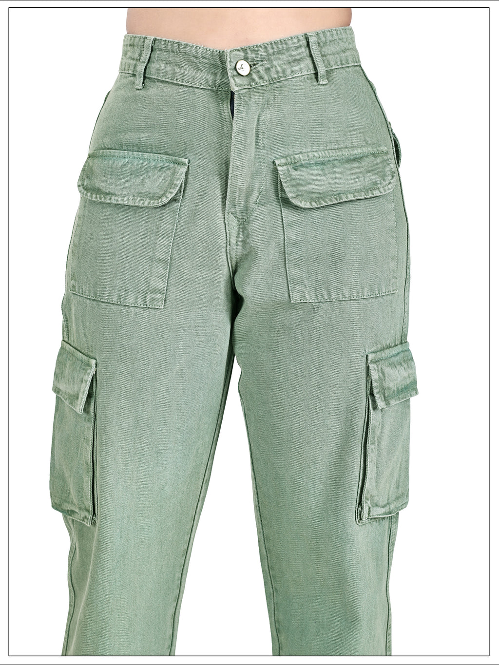 Aurose Jeans Women’s Green High Waist Beggie Cargo Jeans | 100% Cotton Non-Lycra Loose Fit Denim with Multiple Utility Pockets