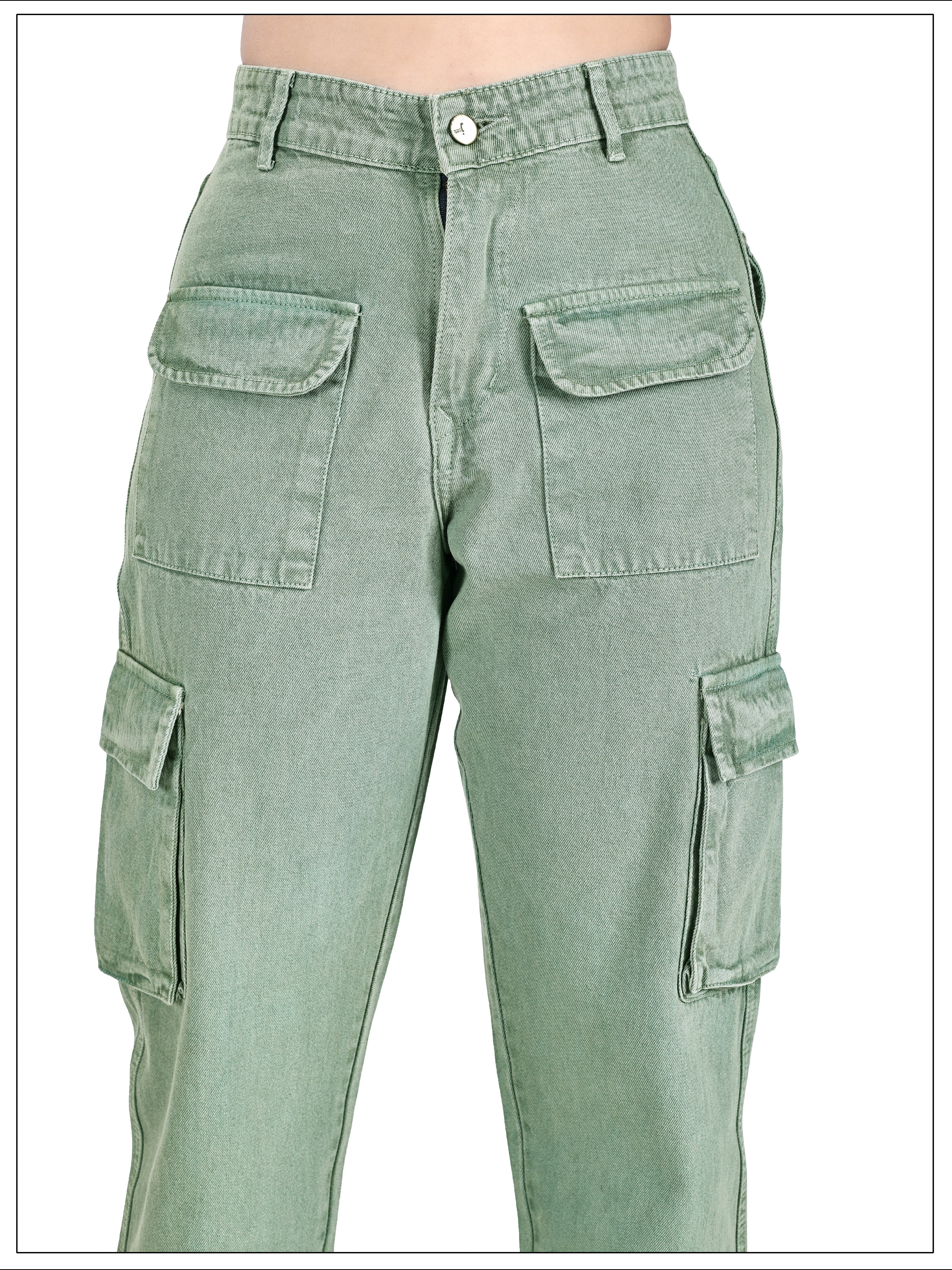 Aurose Jeans Women’s Green High Waist Beggie Cargo Jeans | 100% Cotton Non-Lycra Loose Fit Denim with Multiple Utility Pockets