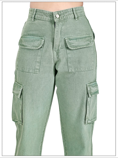 Aurose Jeans Women’s Green High Waist Beggie Cargo Jeans | 100% Cotton Non-Lycra Loose Fit Denim with Multiple Utility Pockets