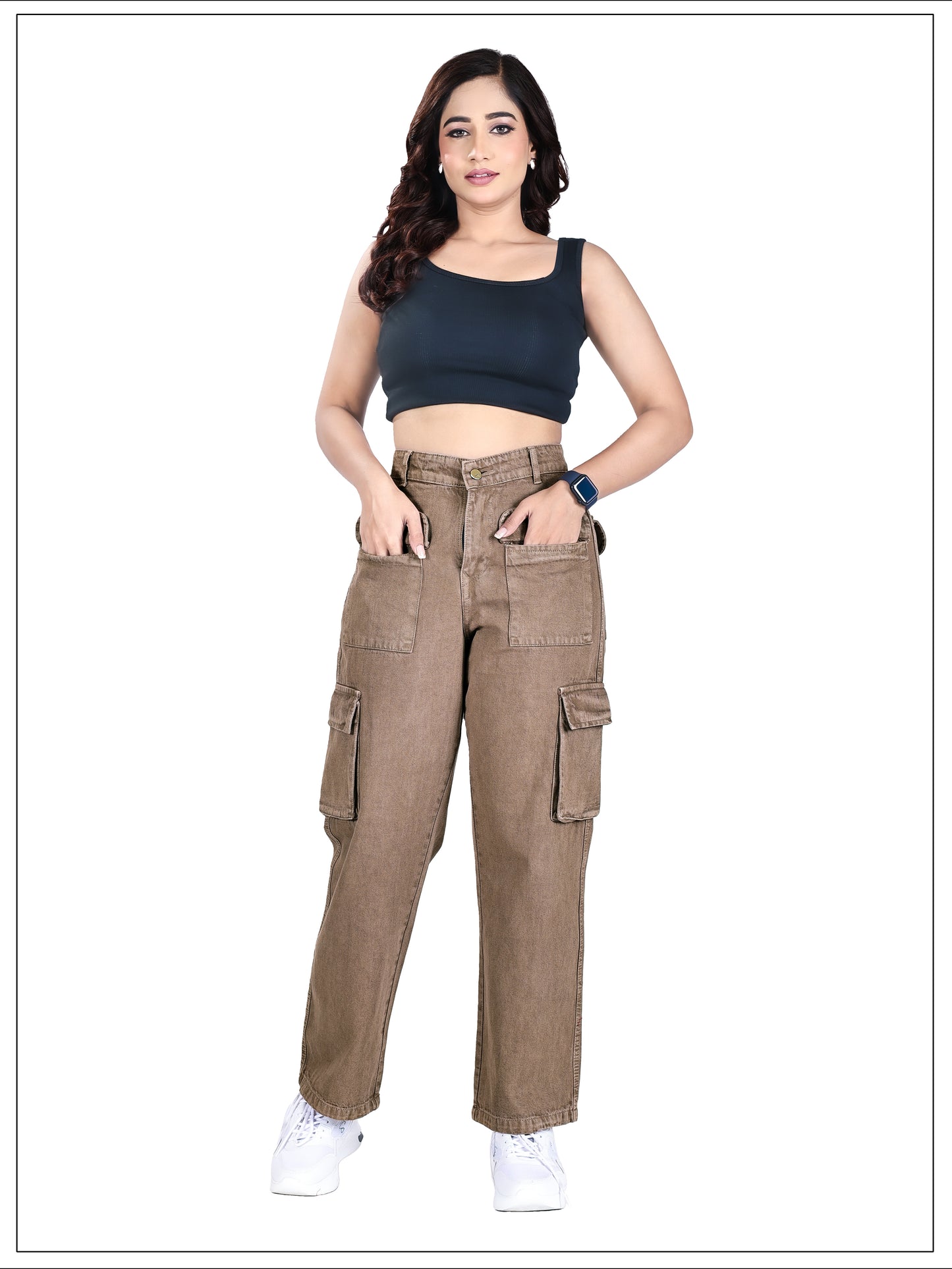 Aurose Jeans Women’s Green High Waist Beggie Cargo Jeans | 100% Cotton Non-Lycra Loose Fit Denim with Multiple Utility Pockets