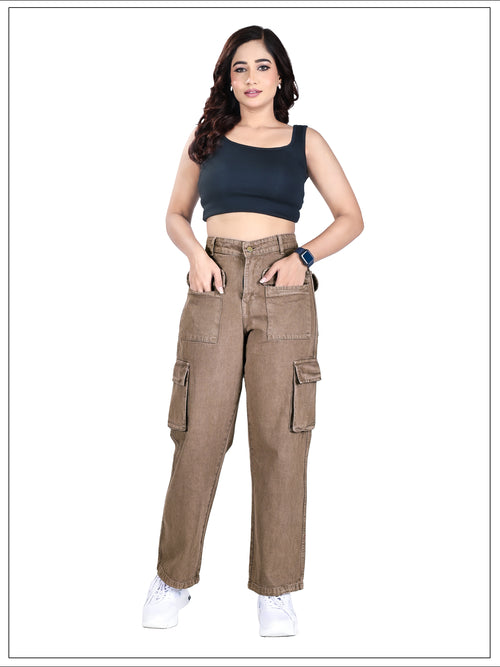 Aurose Jeans Women’s Green High Waist Beggie Cargo Jeans | 100% Cotton Non-Lycra Loose Fit Denim with Multiple Utility Pockets