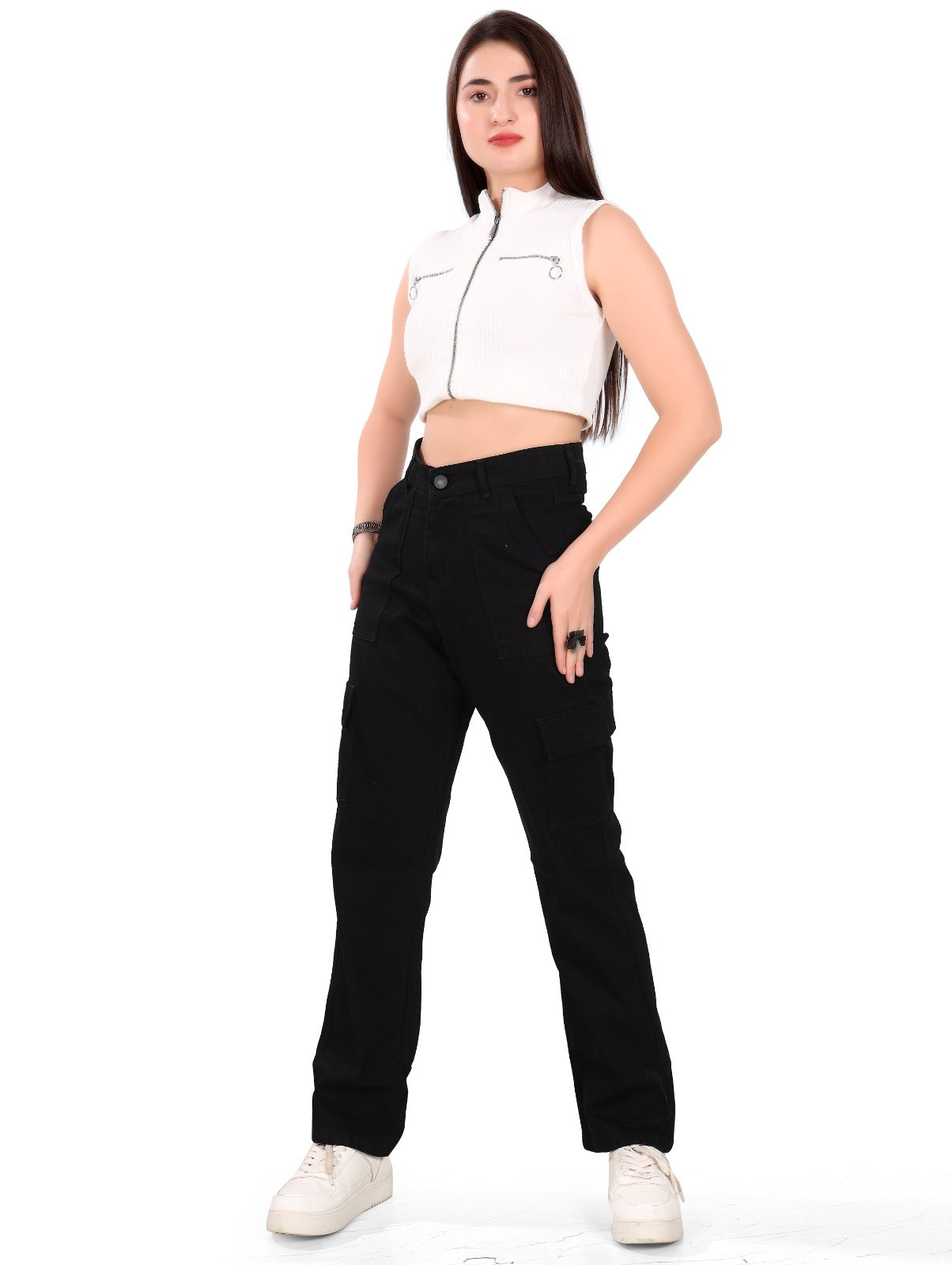 Aurose Women’s Black Cargo Pants – Casual Utility Style with Multiple Pockets