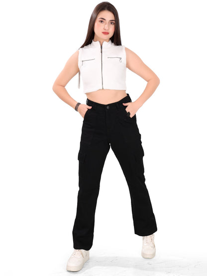 Aurose Women’s Black Cargo Pants – Casual Utility Style with Multiple Pockets