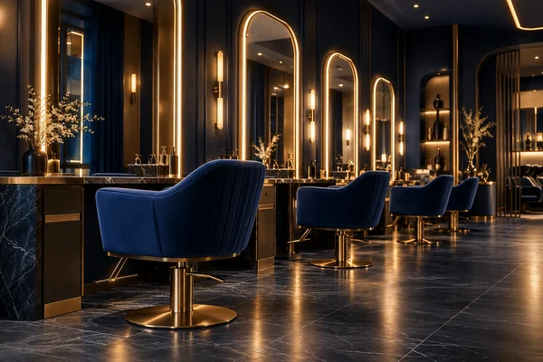 Interior design inspiration: navy upholstery and illuminated gold mirrors